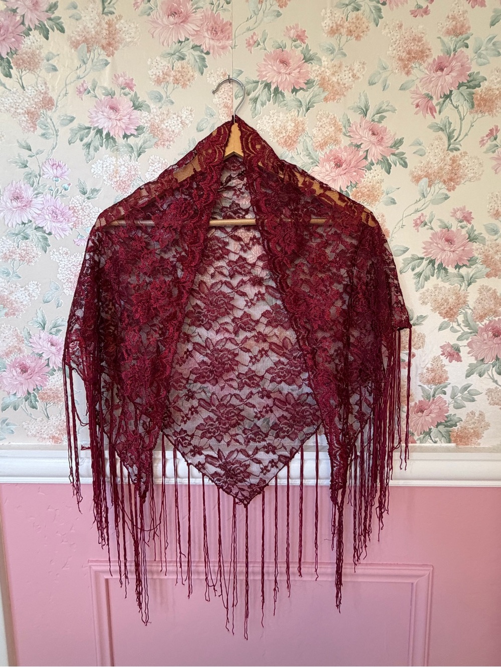 American Vintage Burgundy Lace Fringe Shawl Cape